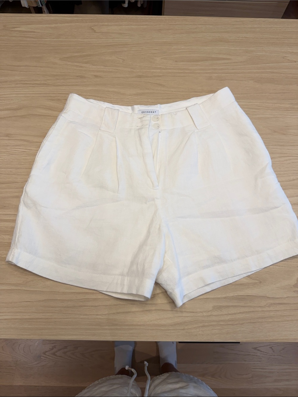 Crescent White Pleated High-Rise Linen Shorts